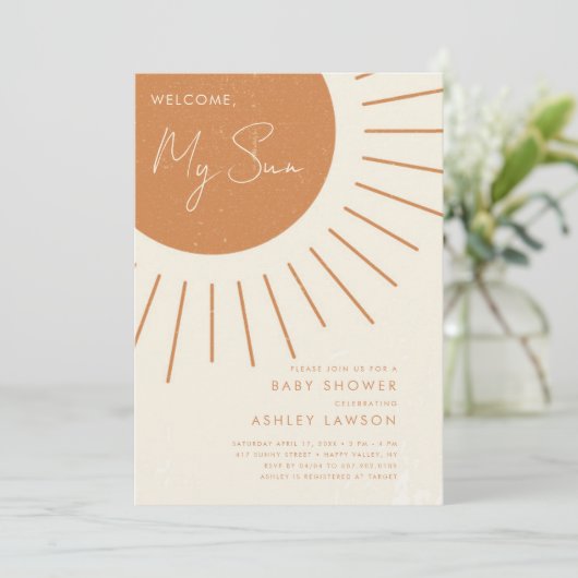 Invitation Bienvenue My Sun Modern Boho Baby shower Invitatio (Debout devant)