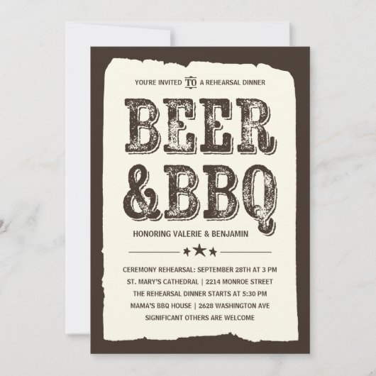 Invitation Bière et barbecue | Dîner de répétition rustique (Devant)