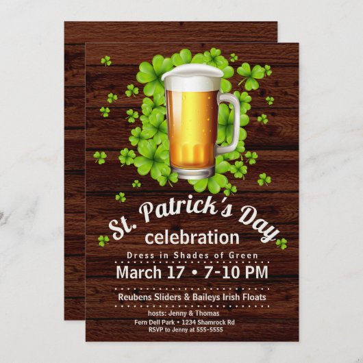 Invitation Bière et Shamrocks de la Saint Patrick sur bois (Devant / Derrière)