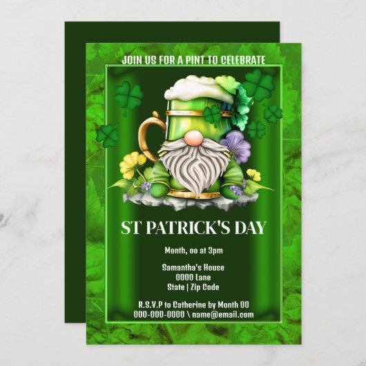 Invitation Bière irlandaise leprechaun gnome Irlande shamrock (Devant / Derrière)