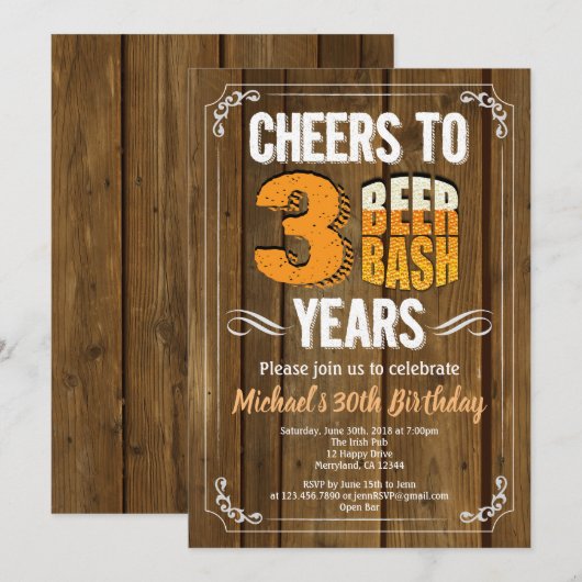 Invitation Bière rustique 30e anniversaire soif trente bois (Devant / Derrière)