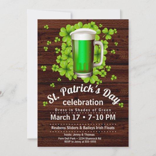 Invitation Bière verte et Shamrocks de la Saint-Patrick sur b (Devant)