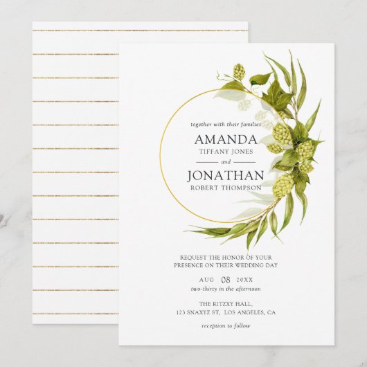 Invitation Bière Willow Green et Mariage géométrique or (Devant / Derrière)