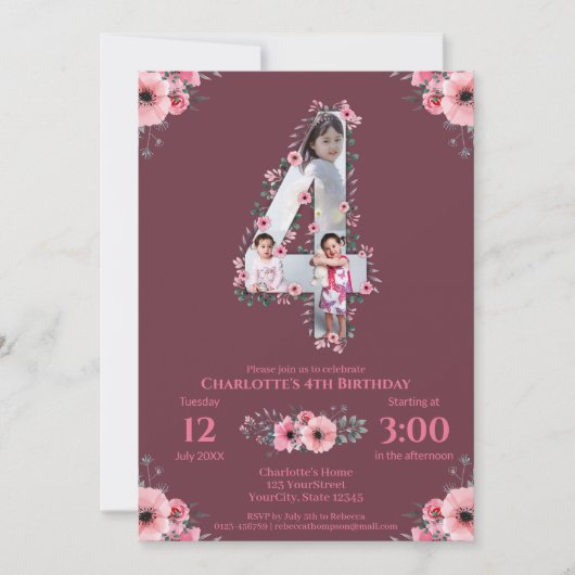 Invitation Big 4th Birthday Girl Photo Collage Fleur rose (Devant)