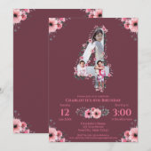 Invitation Big 4th Birthday Girl Photo Collage Fleur rose (Devant / Derrière)