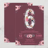 Invitation Big 6th Birthday Girl Photo Collage Fleur rose (Devant / Derrière)