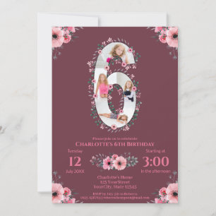 Invitation Big 6th Birthday Girl Photo Collage Fleur rose