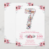 Invitation Big 7th Birthday Girl Photo Collage Fleur rose (Devant / Derrière)