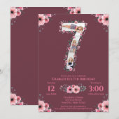 Invitation Big 7th Birthday Girl Photo Collage Fleur rose (Devant / Derrière)