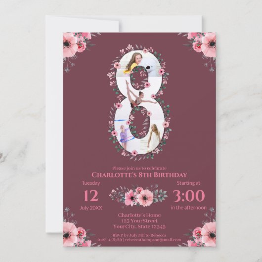 Invitation Big 8th Birthday Girl Photo Collage Fleur rose (Devant)