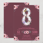 Invitation Big 8th Birthday Girl Photo Collage Fleur rose (Devant / Derrière)