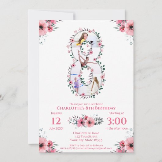 Invitation Big 8th Birthday Girl Photo Collage Fleur rose (Devant)