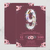 Invitation Big 9th Birthday Girl Photo Collage Fleur rose (Devant / Derrière)