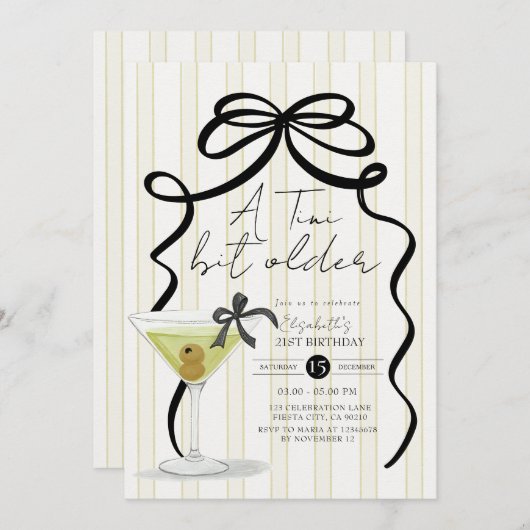Invitation Big Bow petit peu plus vieux Olive Martini Anniver (Devant / Derrière)