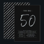 Invitation Big Fifty | Fête d'anniversaire 50 ans Argent & No<br><div class="desc">Célébrez votre jour spécial avec cette invitation d'anniversaire 50 ans simple et élégante. Ce design présente un "Le Big 50" écrit en écriture pinceau avec une mise en page épurée dans une combinaison de couleurs noir et argent. Plus de designs et de fournitures de fête sont disponibles dans ma boutique...</div>
