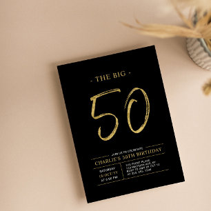 Invitation Big Fifty   Fête d'anniversaire 50 ans or et noir
