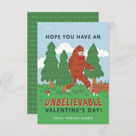 Invitation Big Foot Sasquatch Classroom Valentine's Exchange (Devant / Derrière)