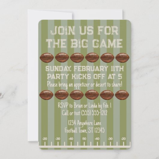 Invitation Big Game Bowl Game Green Football Field Party (Devant)