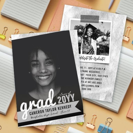 Invitation Big Grad Scribbles Silver Foil Graduation Party