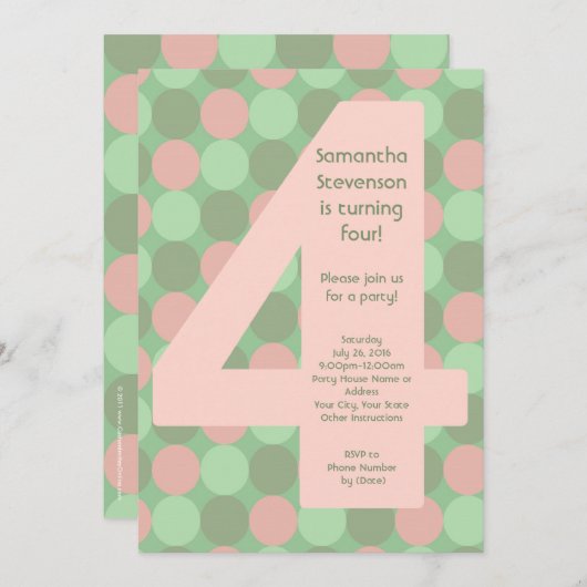 Invitation Big Number4 Fille 4e anniversaire (Devant / Derrière)