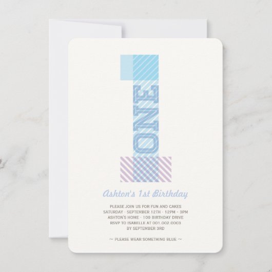 Invitation Big Number 1 Stripes Bébé Garçon 1er fête d'annive (Devant)