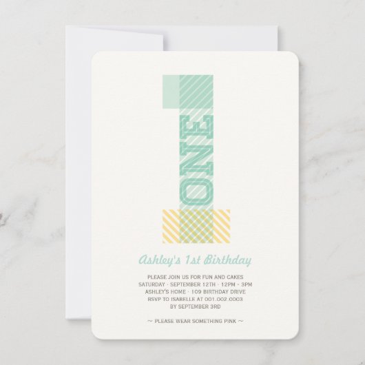 Invitation Big Number 1 Stripes Bébé Neutre 1er Anniversaire (Devant)
