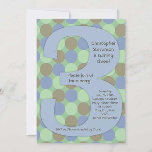 Invitation Big Number 3 3rd Boy's Birthday Party (Devant)