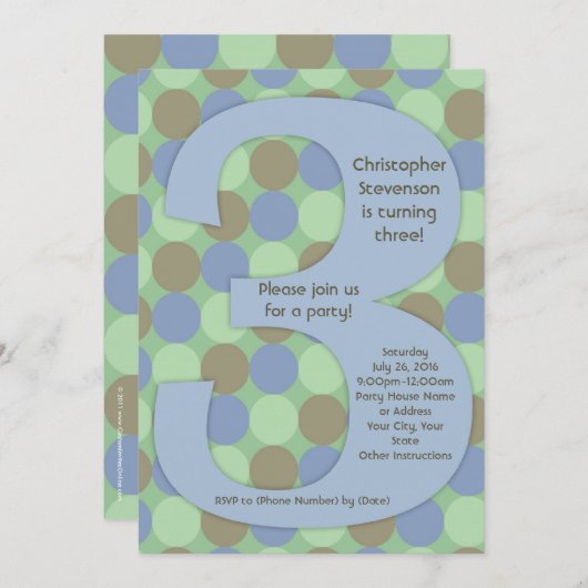 Invitation Big Number 3 3rd Boy's Birthday Party (Devant / Derrière)