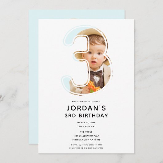 Invitation Big Number 3 TROIS Photo Troisième 3e fête d'anniv (Devant / Derrière)