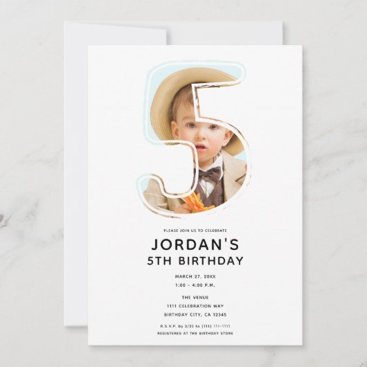 Invitation Big Number 5 CINQ Photo Cinquième fête d'anniversa (Devant)