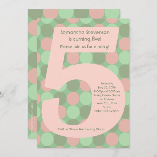 Invitation Big Number 5 Fille 5e fête d'anniversaire (Devant / Derrière)