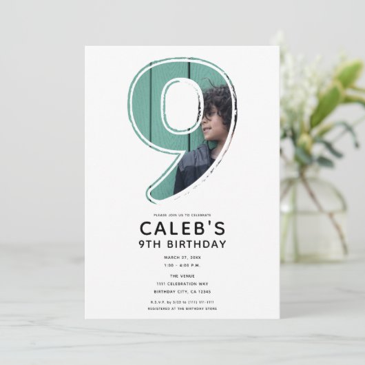Invitation Big Number 9 Neuf Photo 9e fête d'anniversaire (Debout devant)