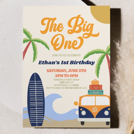 Invitation Big One Beach Surf Blue 1er Birthday Party