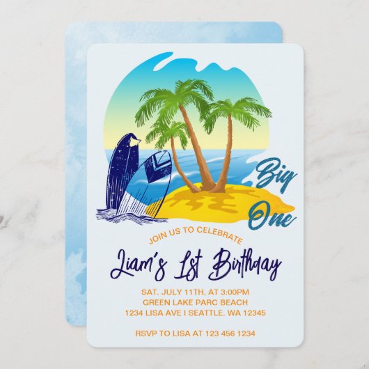 Invitation Big One Birthday Boy Beach Theme Personalized Name (Devant / Derrière)
