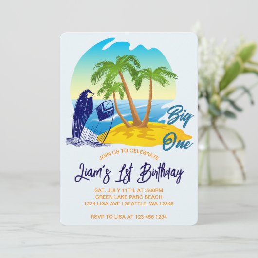 Invitation Big One Birthday Boy Beach Theme Personalized Name (Debout devant)