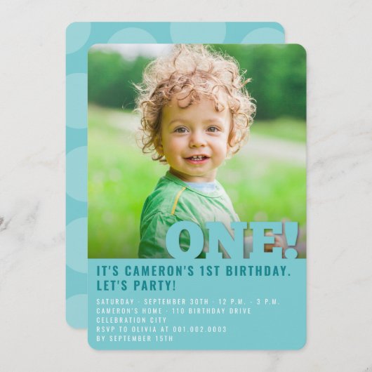 Invitation Big ONE Fun Baby Boy Photo First Birthday (Devant / Derrière)