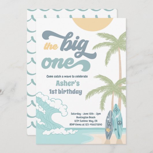 Invitation Big One Retro Surf 1er anniversaire (Devant / Derrière)