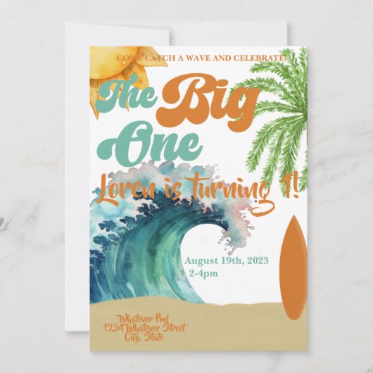 Invitation Big One Surf Thème 1er anniversaire (Devant)