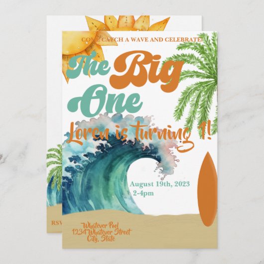Invitation Big One Surf Thème 1er anniversaire (Devant / Derrière)