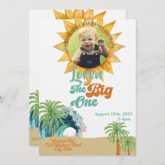 Invitation Big One Surf Thème 1er anniversaire (Devant / Derrière)