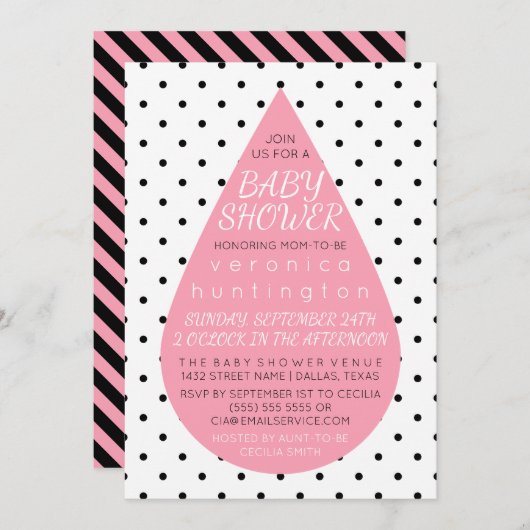 Invitation Big Raindrop & Baby shower rose Pois (Devant / Derrière)
