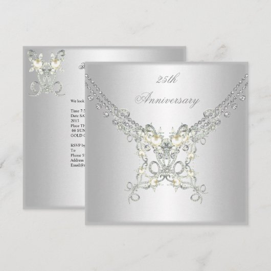 Invitation Bijou 2 perle blanche argent 25e anniversaire (Devant / Derrière)