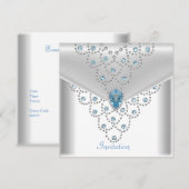 Invitation Bijou Bleu avec Superposition d'Argent Blanc Éléga (Devant / Derrière)