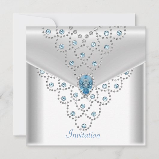 Invitation Bijou Bleu avec Superposition d'Argent Blanc Éléga (Devant)