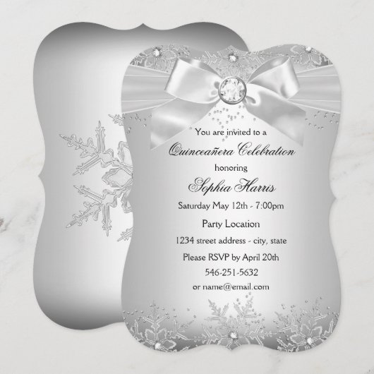 Invitation Bijou d'argent Bow Flocon de neige Quinceanera (Devant / Derrière)