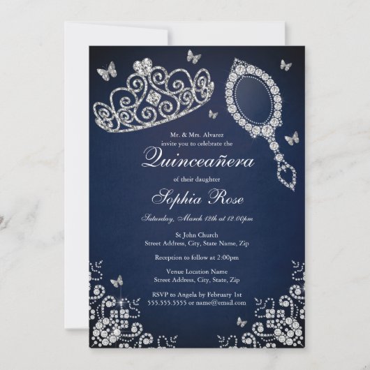 Invitation Bijou de la Marine Tiara Miroir Papillon Quinceane (Devant)