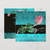 INVITATION BIJOU DIAMANT ROSE PÂLE , DAMAS BLEU MONOGRAMME (Devant / Derrière)