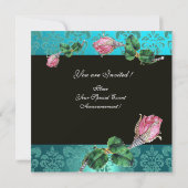 INVITATION BIJOU DIAMANT ROSE PÂLE , DAMAS BLEU MONOGRAMME (Dos)