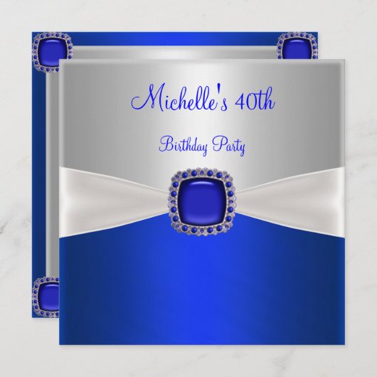 Invitation Bijou élégant argent blanc et bleu pour 40e annive (Devant / Derrière)