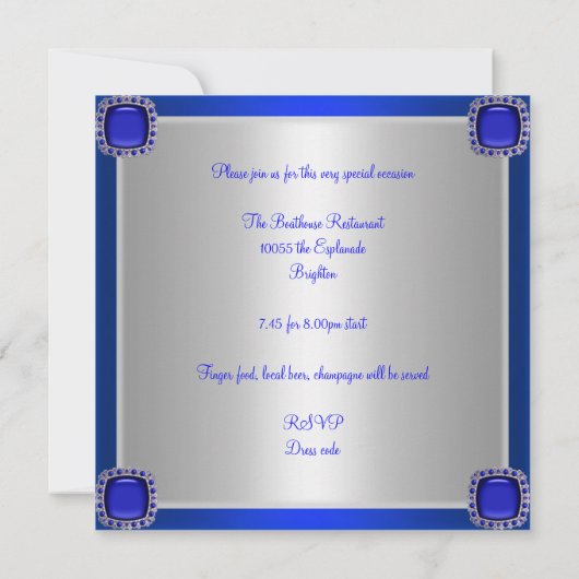 Invitation Bijou élégant argent blanc et bleu pour 40e annive (Dos)